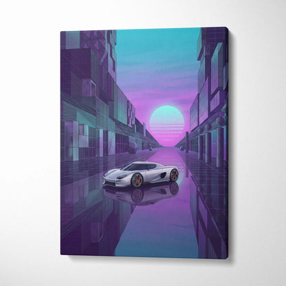 Koenigsegg CCX Inspired Silver Purple Canvas Wall Art Vaporwave Hypercar Artwork Neon City Garage Decor Retro Futuristic Supercar Print