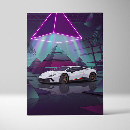 Lamborghini Huracan Performante Inspired White Purple Canvas Wall Art Vaporwave Supercar Artwork Neon Pyramid Garage Decor Futuristic Print