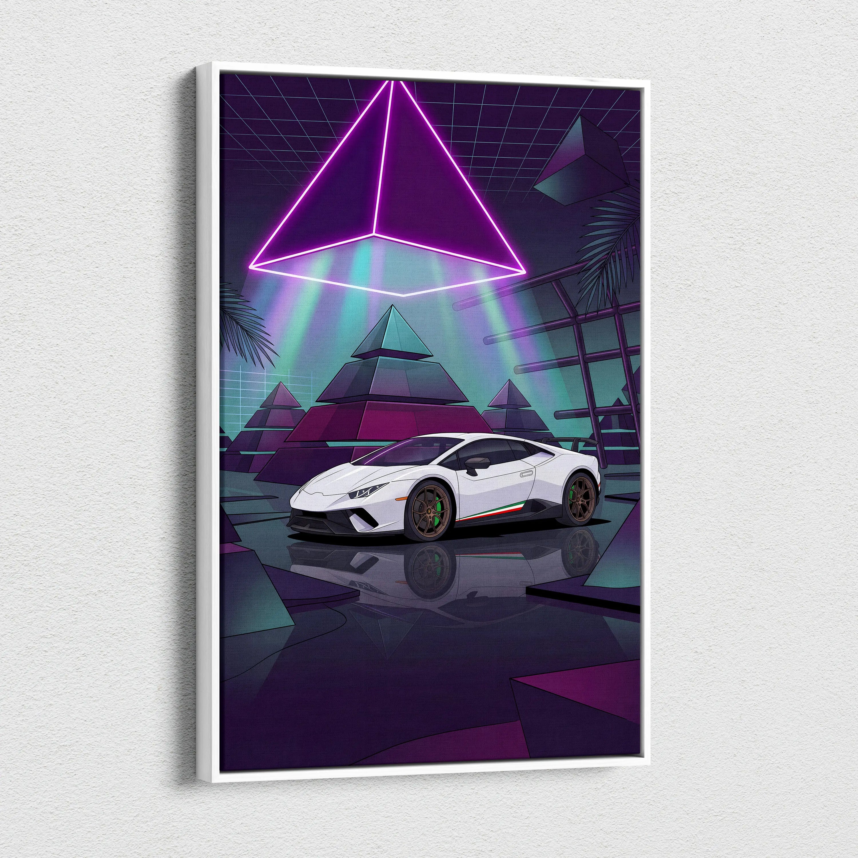 Lamborghini Huracan Performante Inspired White Purple Canvas Wall Art Vaporwave Supercar Artwork Neon Pyramid Garage Decor Futuristic Print