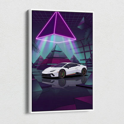 Lamborghini Huracan Performante Inspired White Purple Canvas Wall Art Vaporwave Supercar Artwork Neon Pyramid Garage Decor Futuristic Print