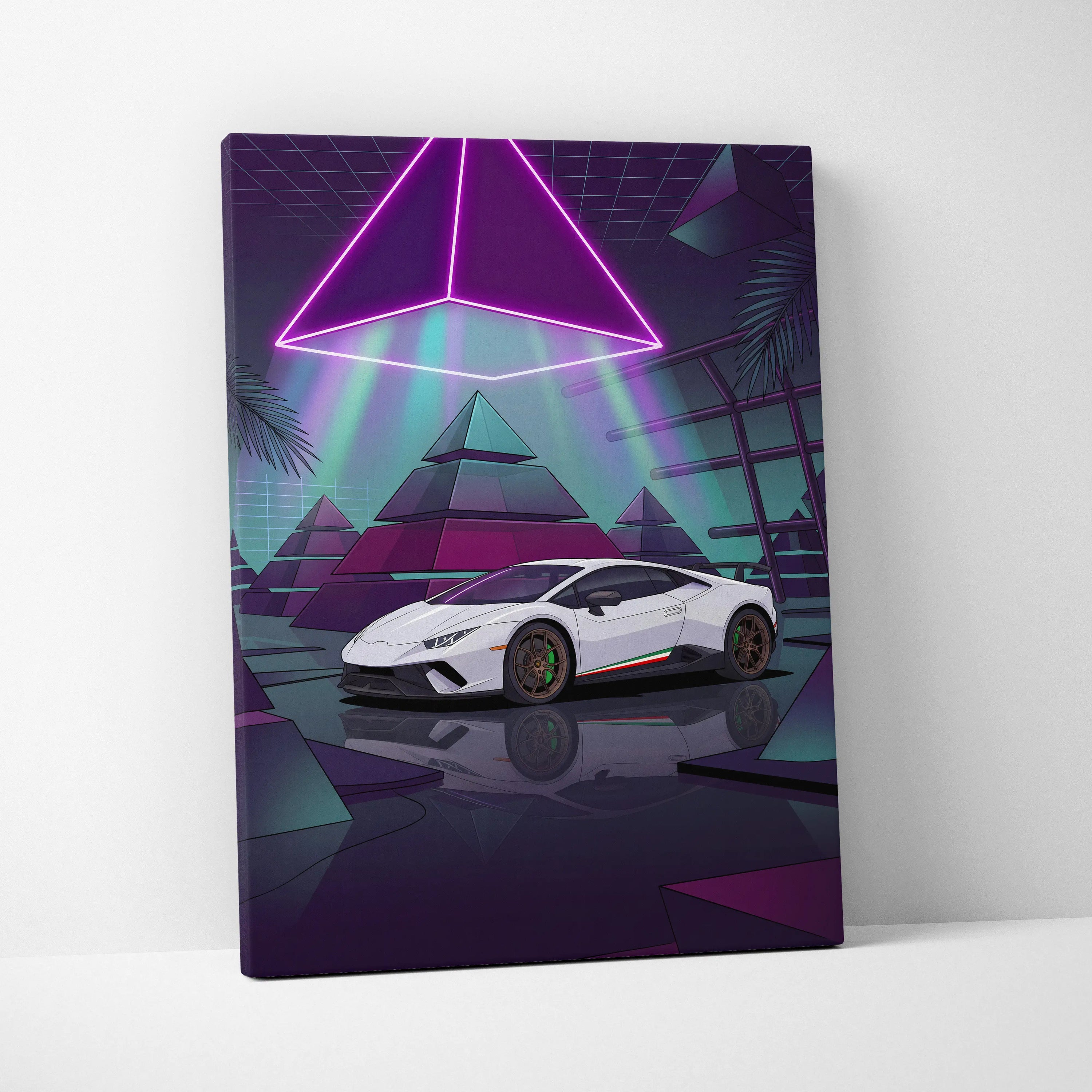 Lamborghini Huracan Performante Inspired White Purple Canvas Wall Art Vaporwave Supercar Artwork Neon Pyramid Garage Decor Futuristic Print