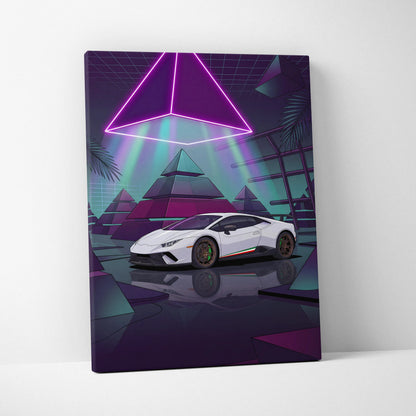 Lamborghini Huracan Performante Inspired White Purple Canvas Wall Art Vaporwave Supercar Artwork Neon Pyramid Garage Decor Futuristic Print