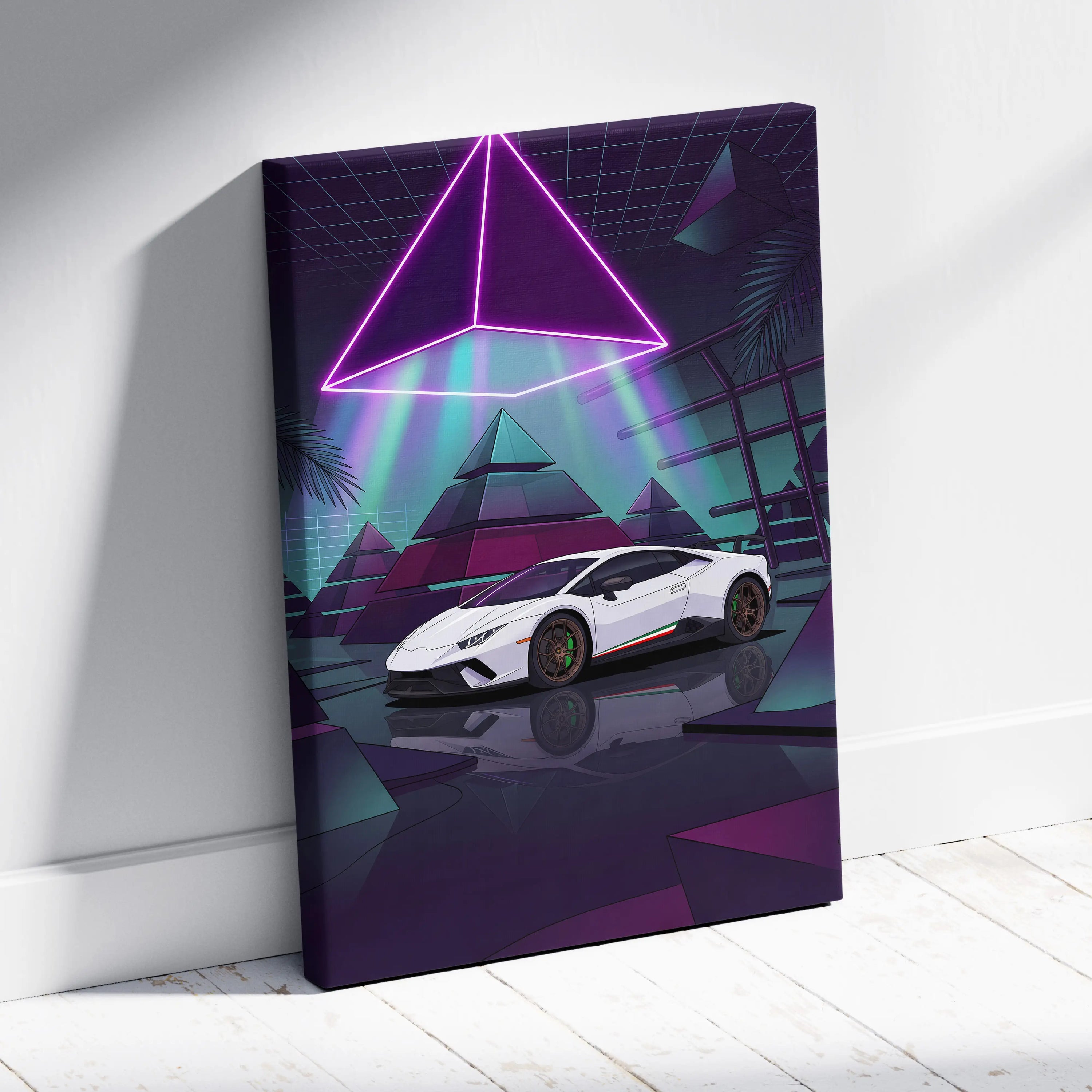 Lamborghini Huracan Performante Inspired White Purple Canvas Wall Art Vaporwave Supercar Artwork Neon Pyramid Garage Decor Futuristic Print