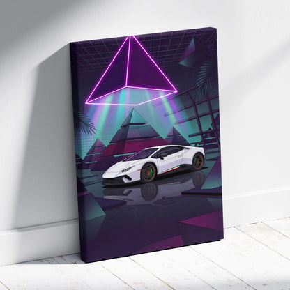 Lamborghini Huracan Performante Inspired White Purple Canvas Wall Art Vaporwave Supercar Artwork Neon Pyramid Garage Decor Futuristic Print