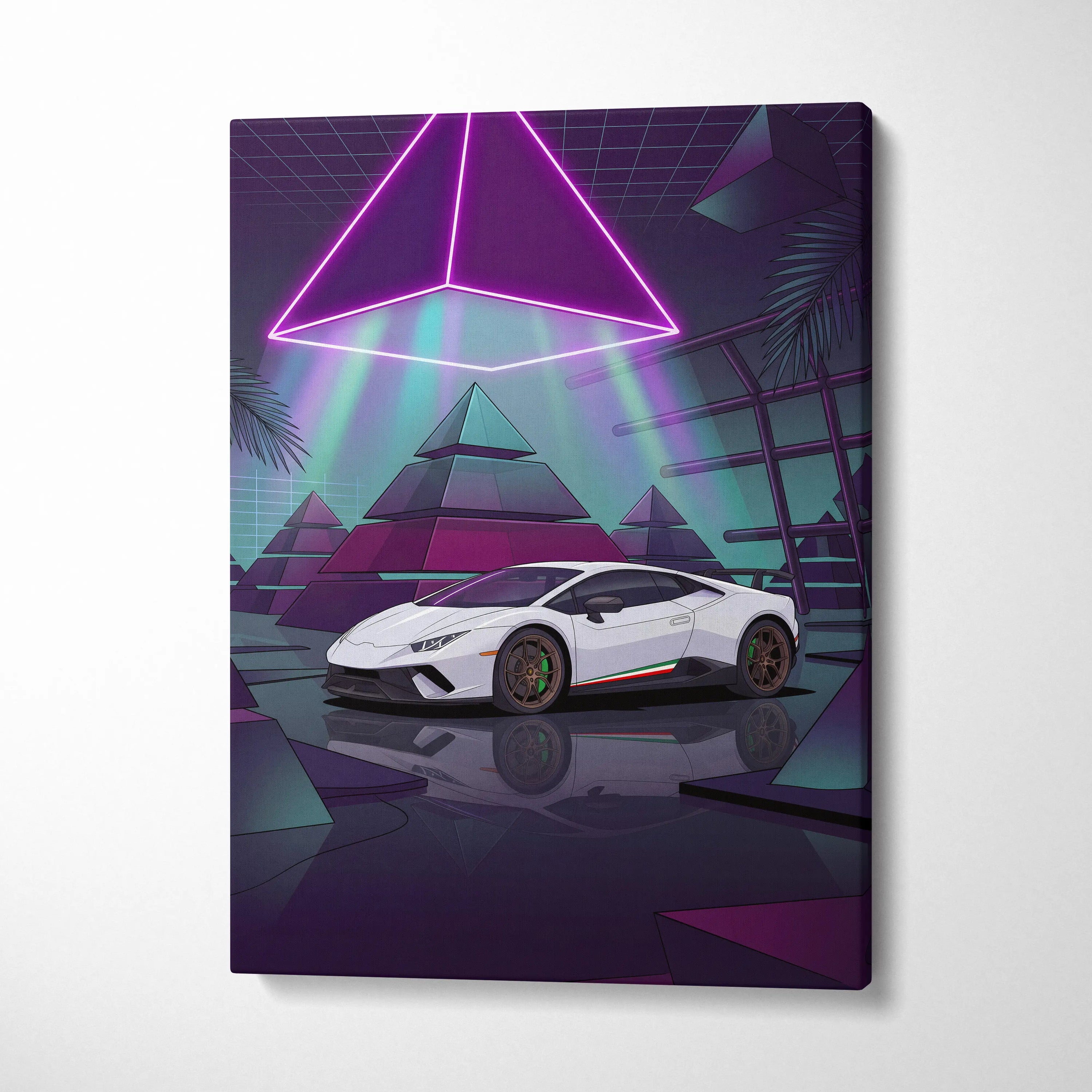 Lamborghini Huracan Performante Inspired White Purple Canvas Wall Art Vaporwave Supercar Artwork Neon Pyramid Garage Decor Futuristic Print