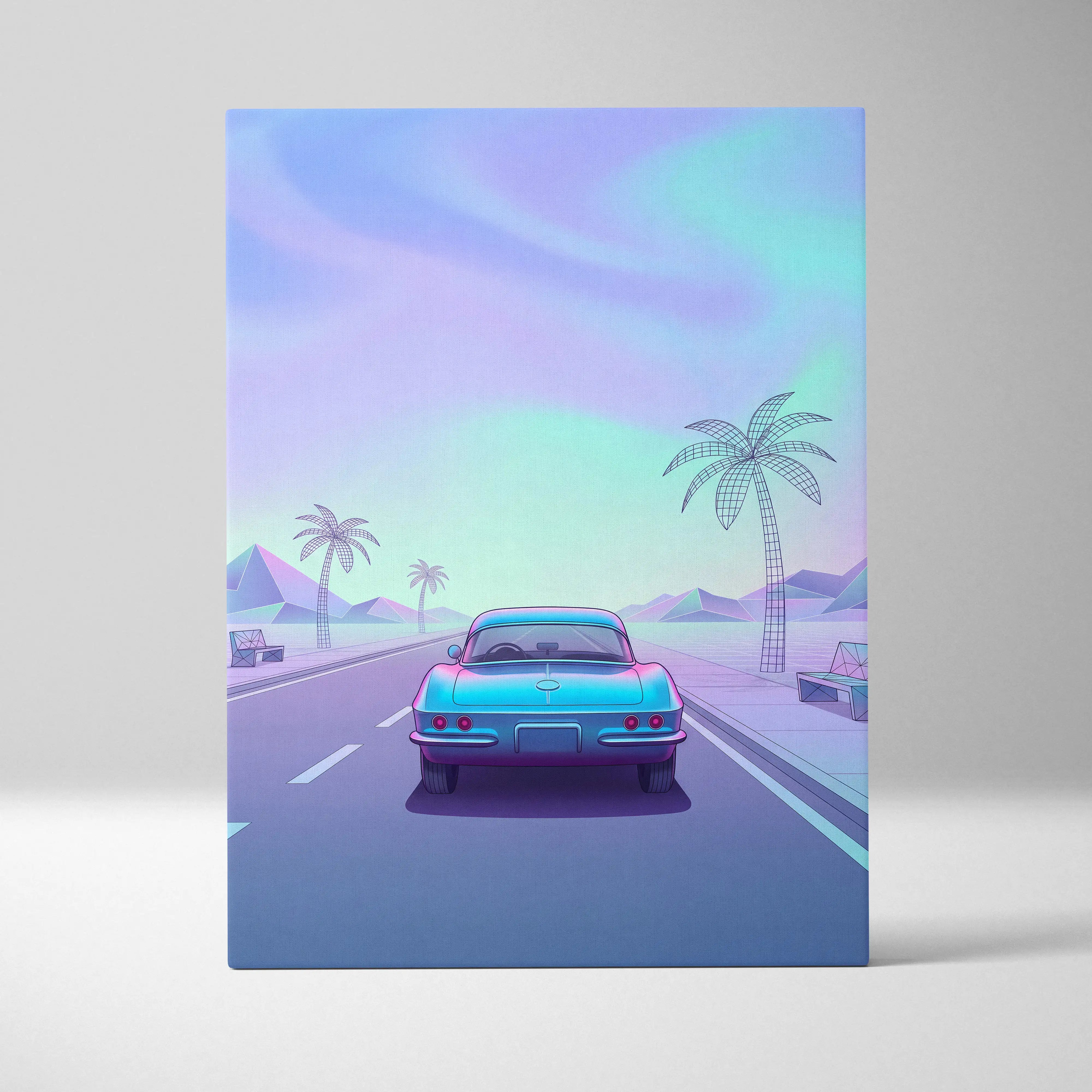 Chevrolet Corvette C2 Inspired Teal Purple Canvas Wall Art Vaporwave Classic Sports Car Artwork Retro Palm Road Garage Decor Futuristic Print