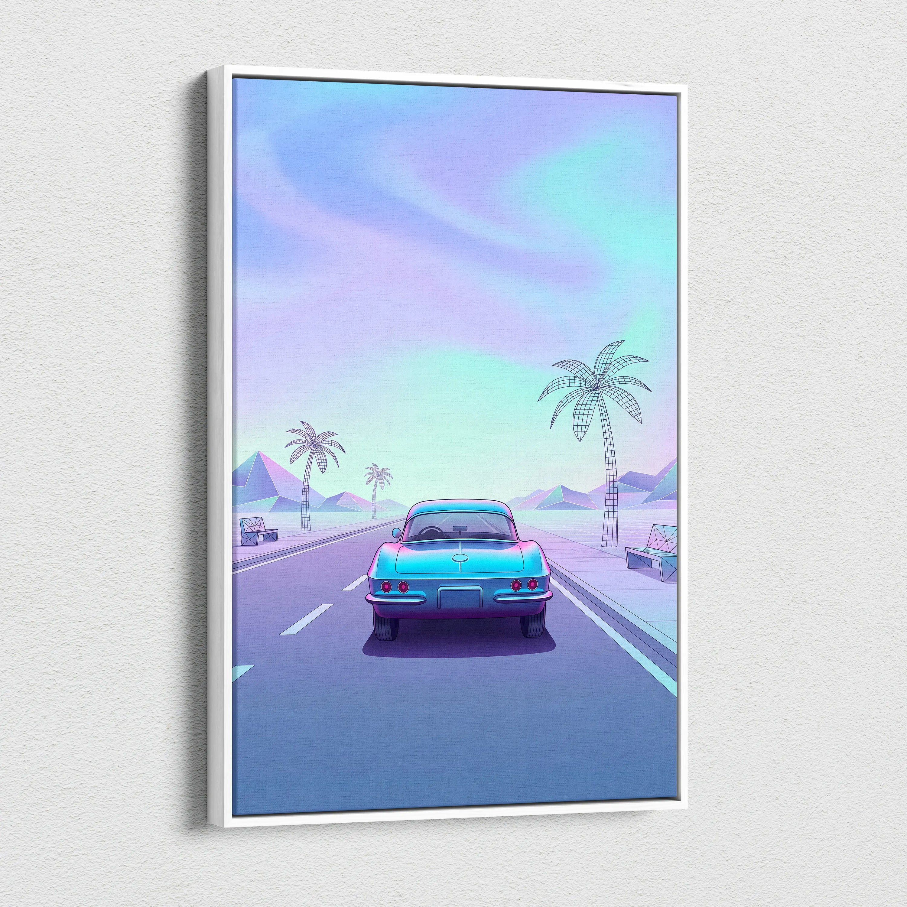 Chevrolet Corvette C2 Inspired Teal Purple Canvas Wall Art Vaporwave Classic Sports Car Artwork Retro Palm Road Garage Decor Futuristic Print
