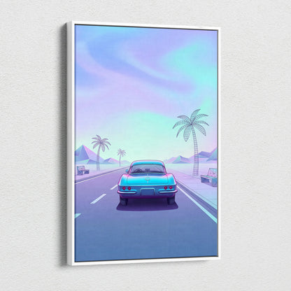 Chevrolet Corvette C2 Inspired Teal Purple Canvas Wall Art Vaporwave Classic Sports Car Artwork Retro Palm Road Garage Decor Futuristic Print