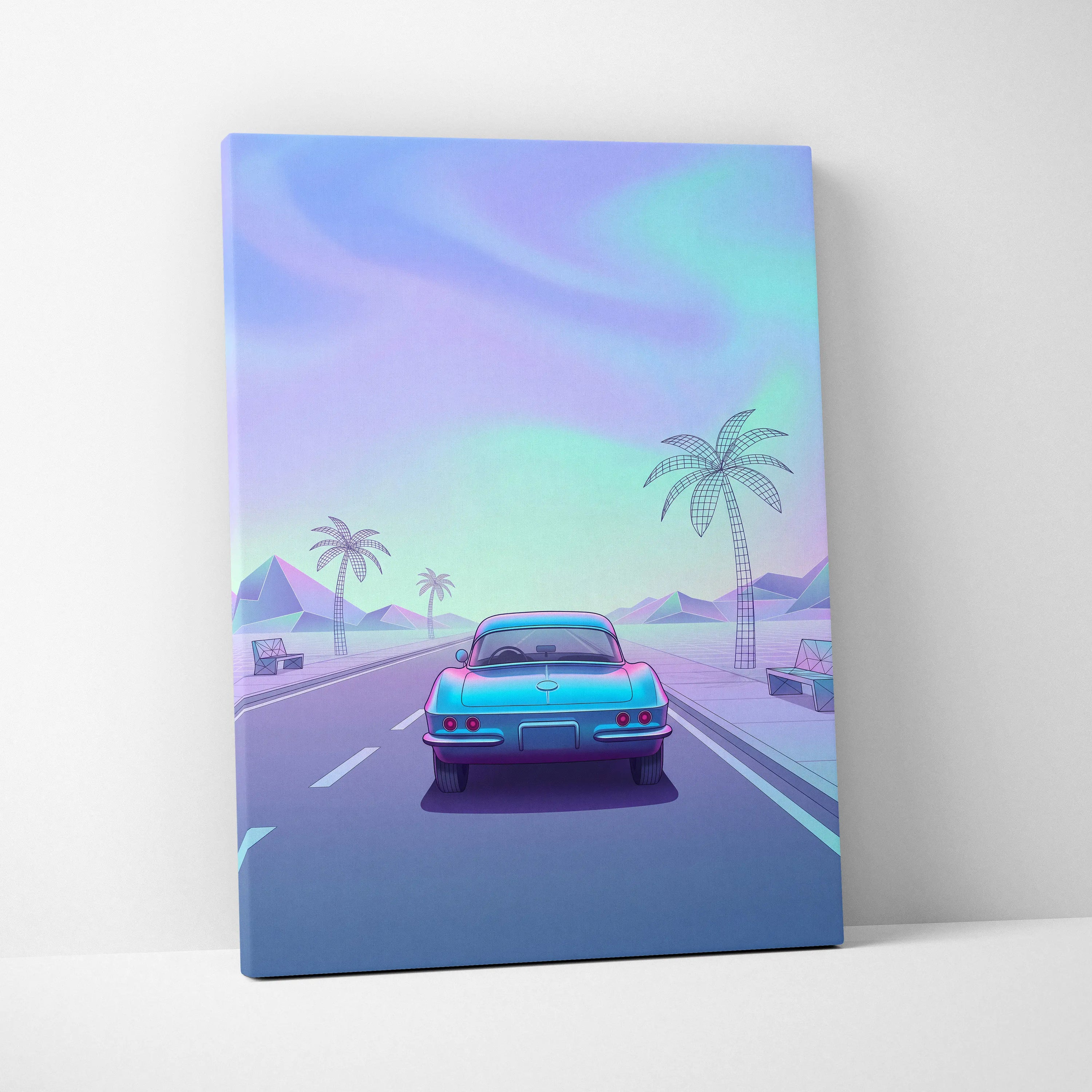 Chevrolet Corvette C2 Inspired Teal Purple Canvas Wall Art Vaporwave Classic Sports Car Artwork Retro Palm Road Garage Decor Futuristic Print