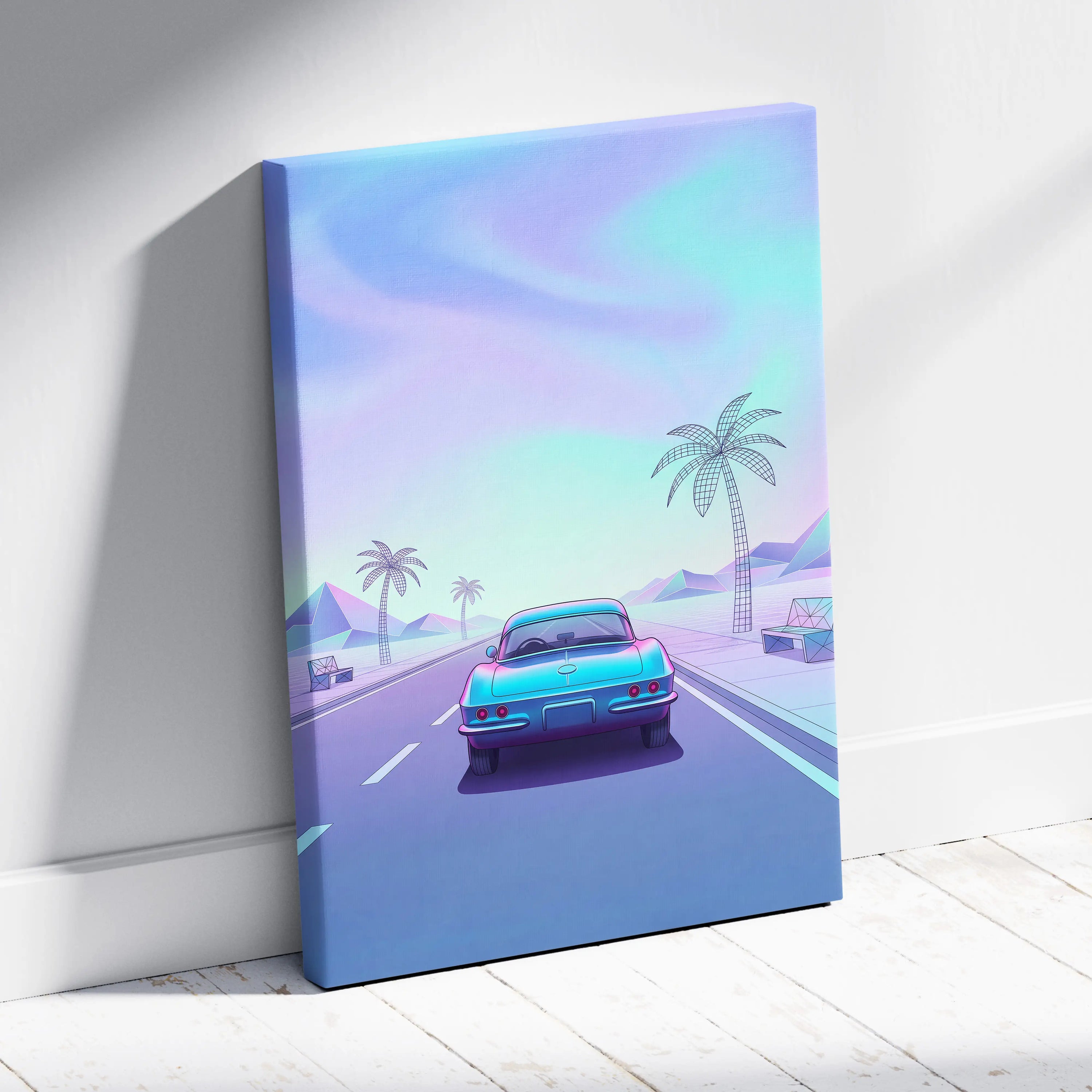 Chevrolet Corvette C2 Inspired Teal Purple Canvas Wall Art Vaporwave Classic Sports Car Artwork Retro Palm Road Garage Decor Futuristic Print