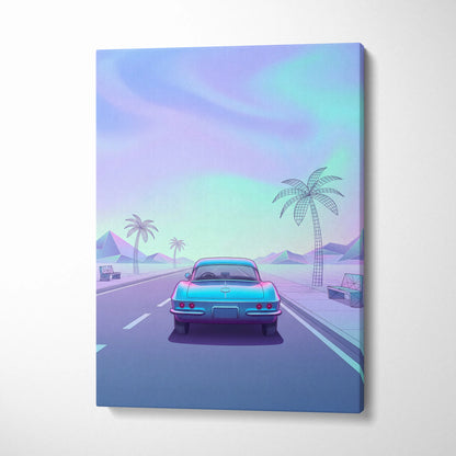 Chevrolet Corvette C2 Inspired Teal Purple Canvas Wall Art Vaporwave Classic Sports Car Artwork Retro Palm Road Garage Decor Futuristic Print