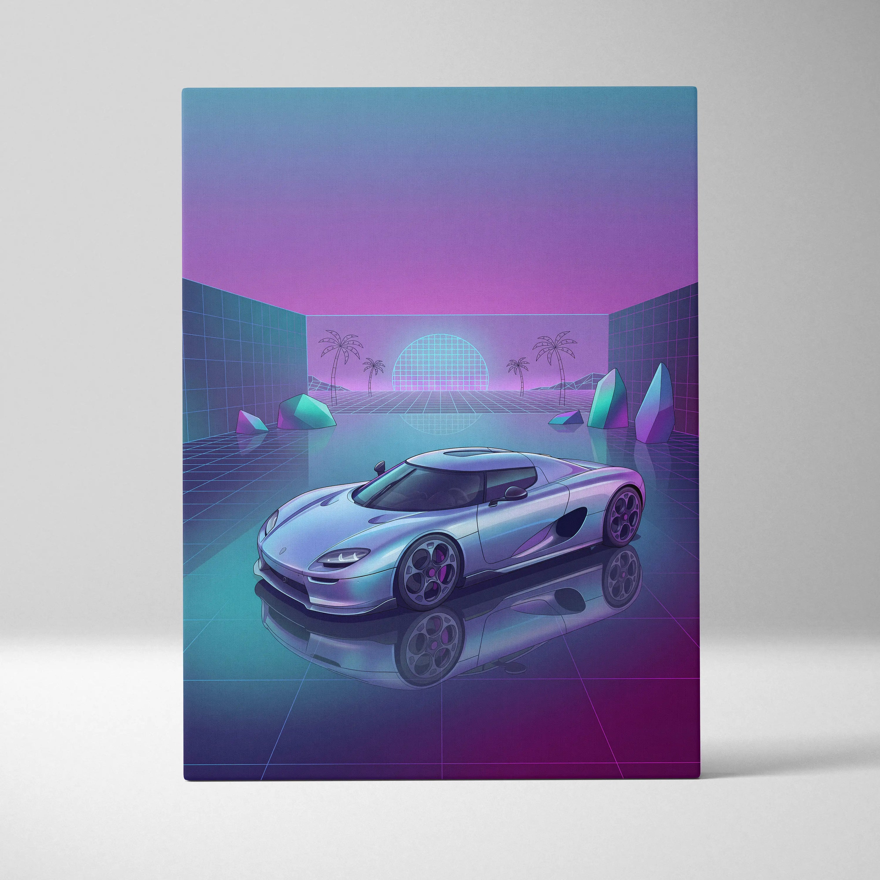Koenigsegg CCX Inspired Silver Purple Canvas Wall Art Vaporwave Hypercar Artwork Neon Grid Garage Decor Retro Futuristic Palm Sunset Print