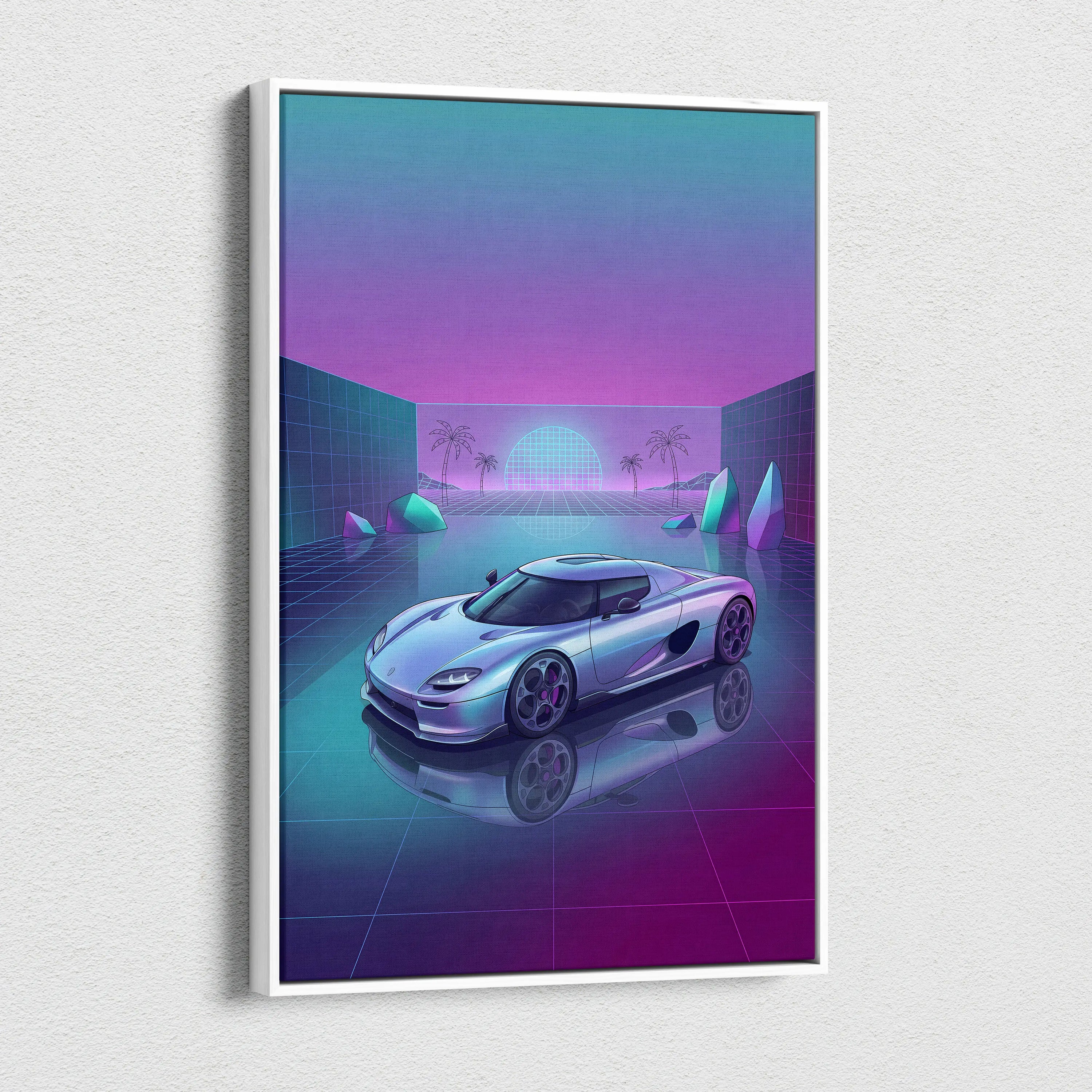 Koenigsegg CCX Inspired Silver Purple Canvas Wall Art Vaporwave Hypercar Artwork Neon Grid Garage Decor Retro Futuristic Palm Sunset Print