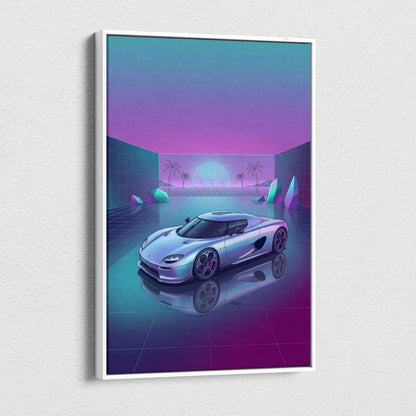 Koenigsegg CCX Inspired Silver Purple Canvas Wall Art Vaporwave Hypercar Artwork Neon Grid Garage Decor Retro Futuristic Palm Sunset Print
