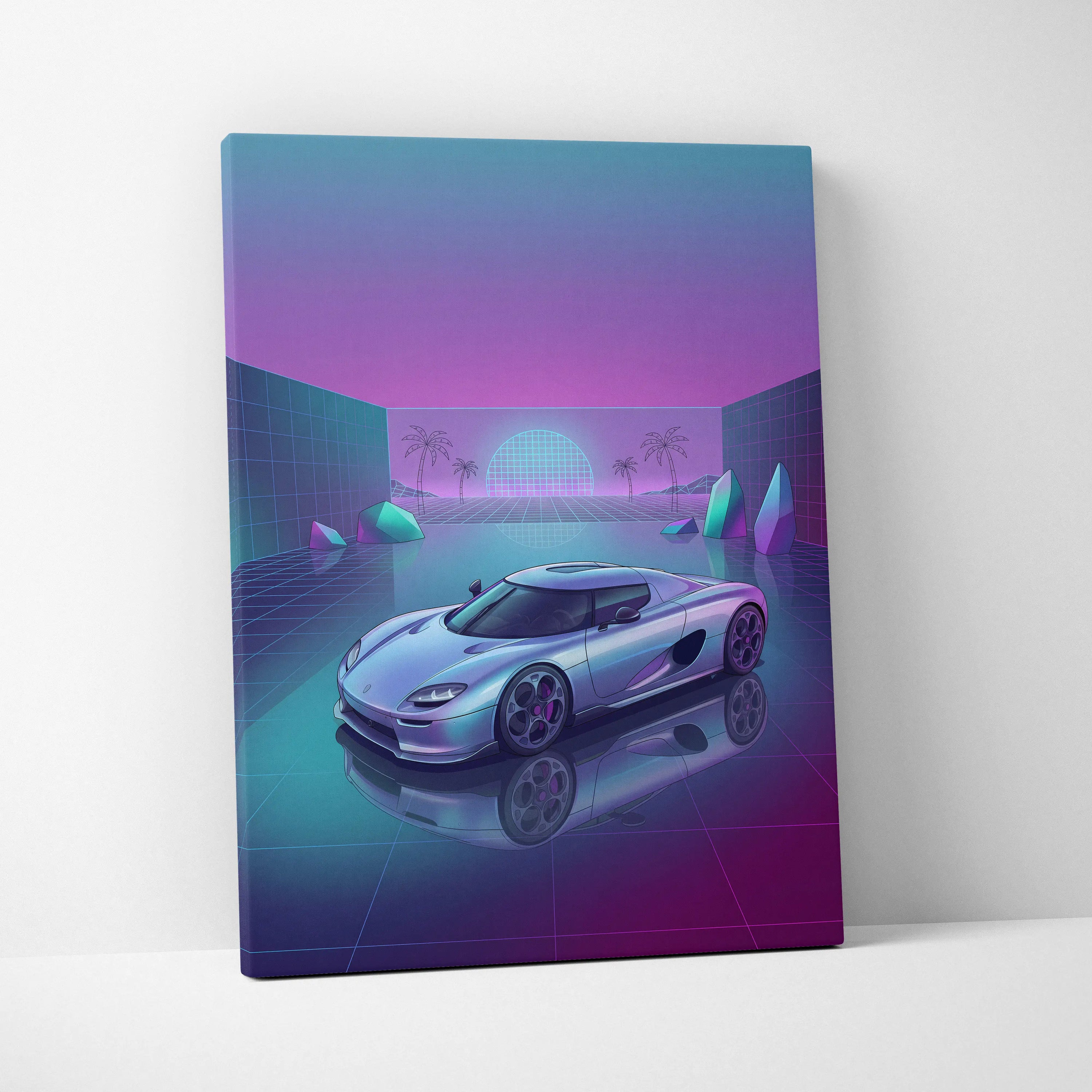 Koenigsegg CCX Inspired Silver Purple Canvas Wall Art Vaporwave Hypercar Artwork Neon Grid Garage Decor Retro Futuristic Palm Sunset Print