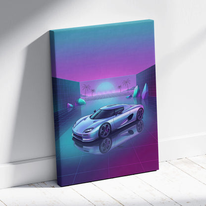 Koenigsegg CCX Inspired Silver Purple Canvas Wall Art Vaporwave Hypercar Artwork Neon Grid Garage Decor Retro Futuristic Palm Sunset Print