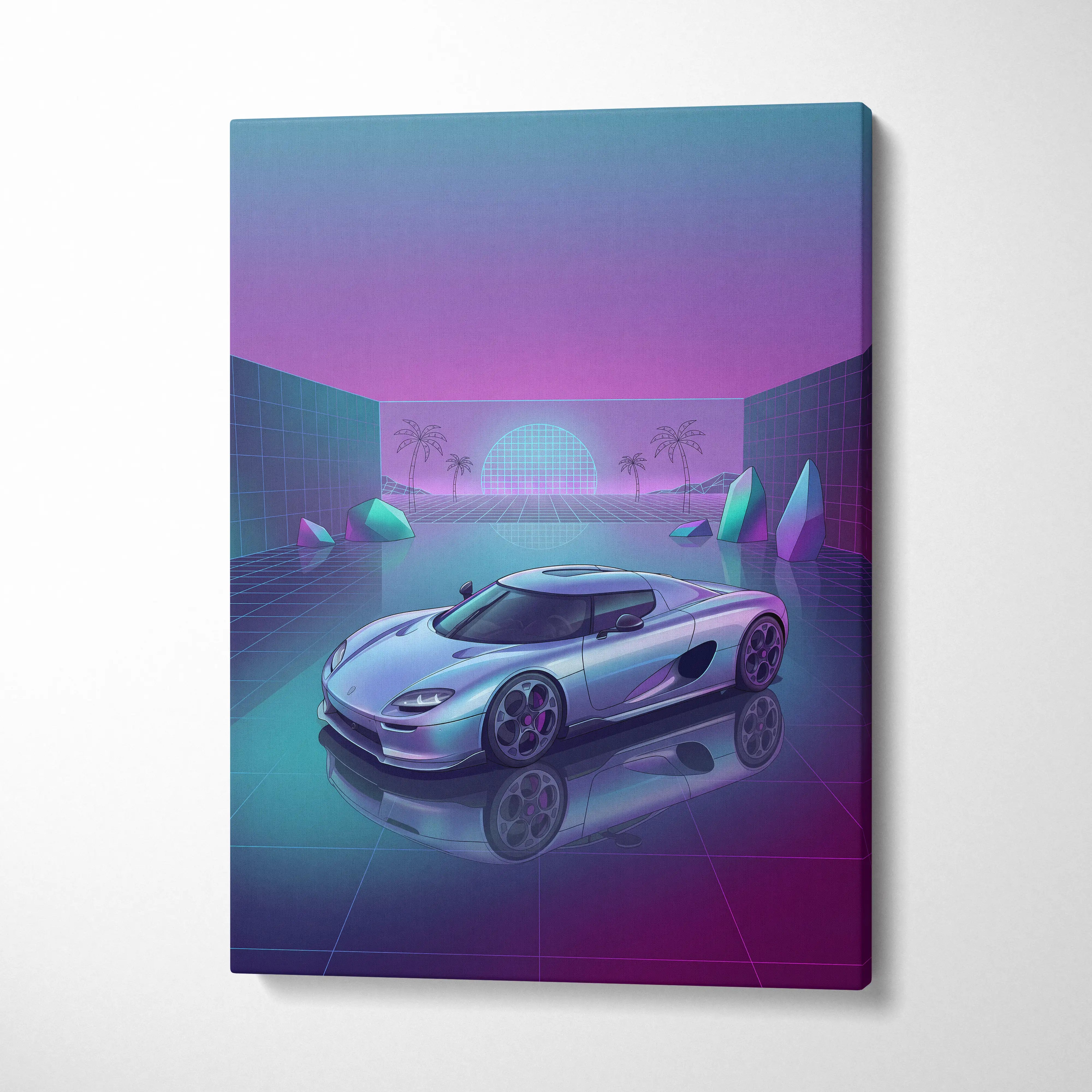 Koenigsegg CCX Inspired Silver Purple Canvas Wall Art Vaporwave Hypercar Artwork Neon Grid Garage Decor Retro Futuristic Palm Sunset Print