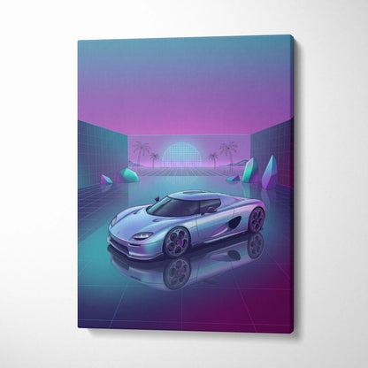 Koenigsegg CCX Inspired Silver Purple Canvas Wall Art Vaporwave Hypercar Artwork Neon Grid Garage Decor Retro Futuristic Palm Sunset Print