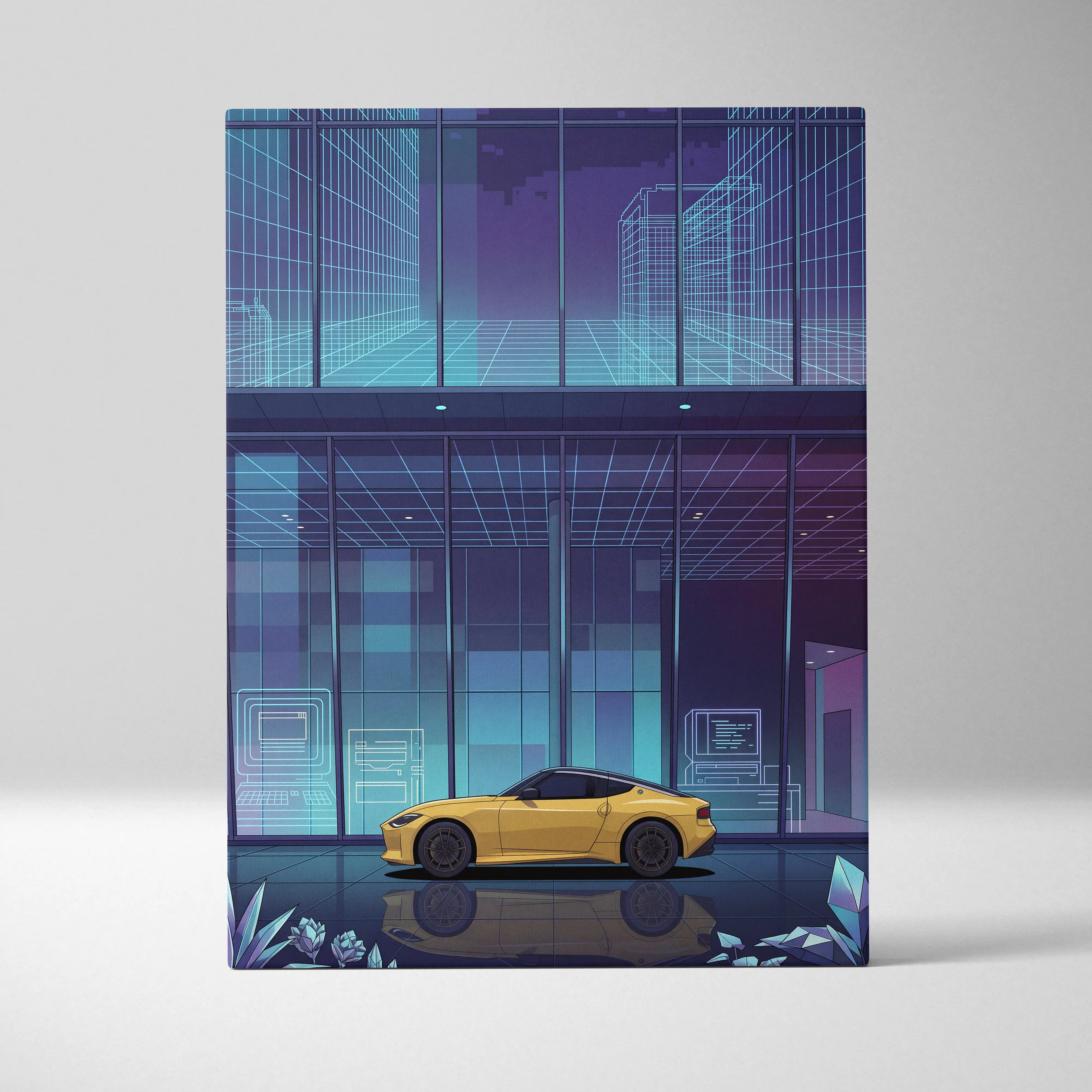 Nissan Z Inspired Yellow Blue Canvas Wall Art Vaporwave Sports Car Artwork Neon Cyberpunk Garage Decor Futuristic City JDM Print