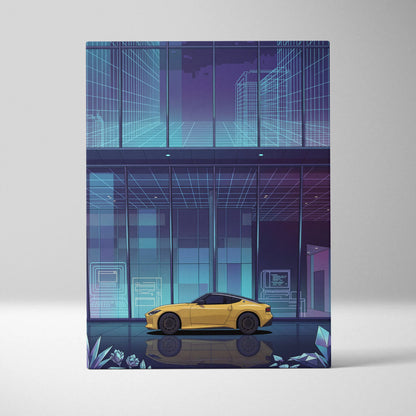 Nissan Z Inspired Yellow Blue Canvas Wall Art Vaporwave Sports Car Artwork Neon Cyberpunk Garage Decor Futuristic City JDM Print