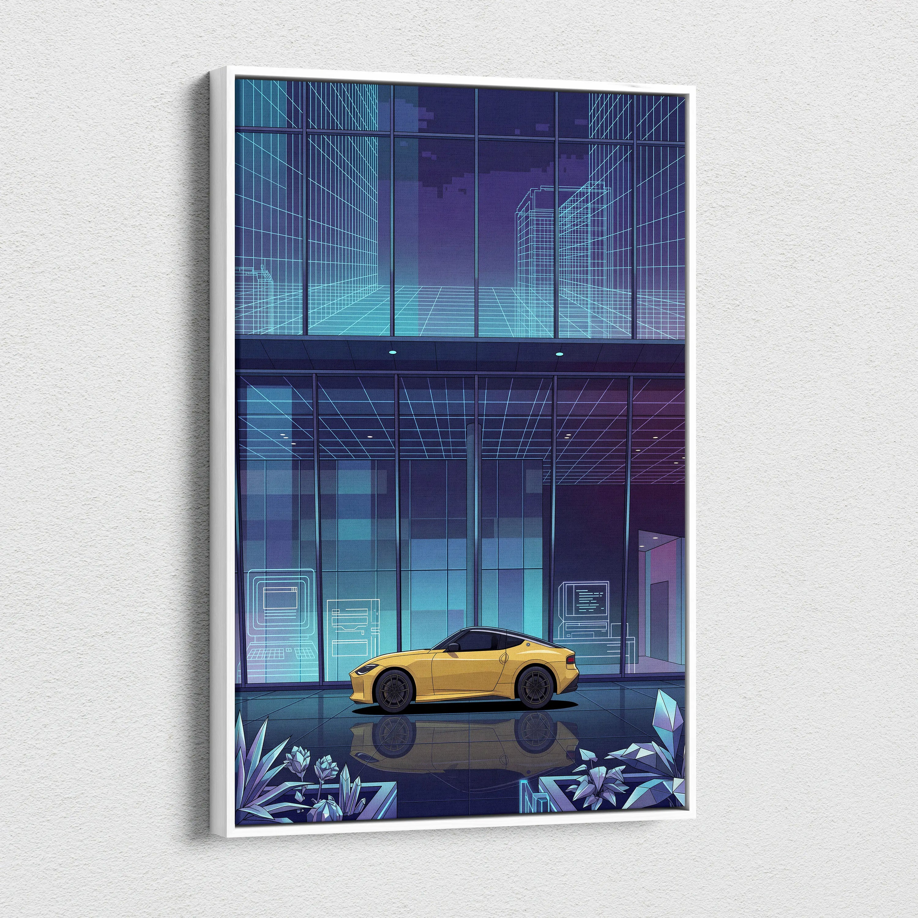 Nissan Z Inspired Yellow Blue Canvas Wall Art Vaporwave Sports Car Artwork Neon Cyberpunk Garage Decor Futuristic City JDM Print