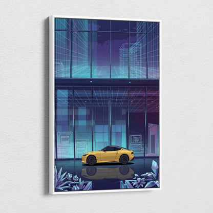 Nissan Z Inspired Yellow Blue Canvas Wall Art Vaporwave Sports Car Artwork Neon Cyberpunk Garage Decor Futuristic City JDM Print