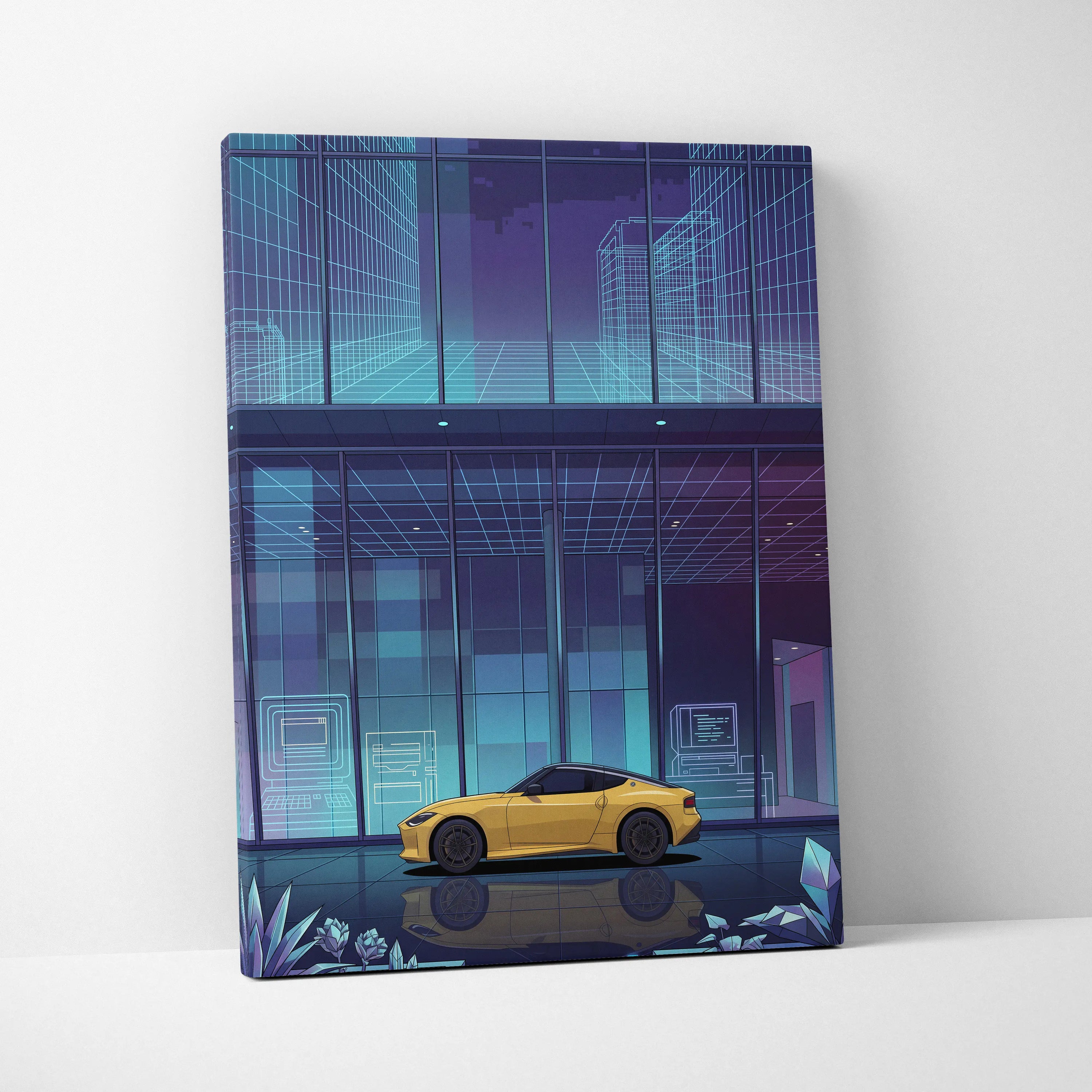 Nissan Z Inspired Yellow Blue Canvas Wall Art Vaporwave Sports Car Artwork Neon Cyberpunk Garage Decor Futuristic City JDM Print