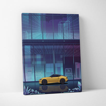 Nissan Z Inspired Yellow Blue Canvas Wall Art Vaporwave Sports Car Artwork Neon Cyberpunk Garage Decor Futuristic City JDM Print