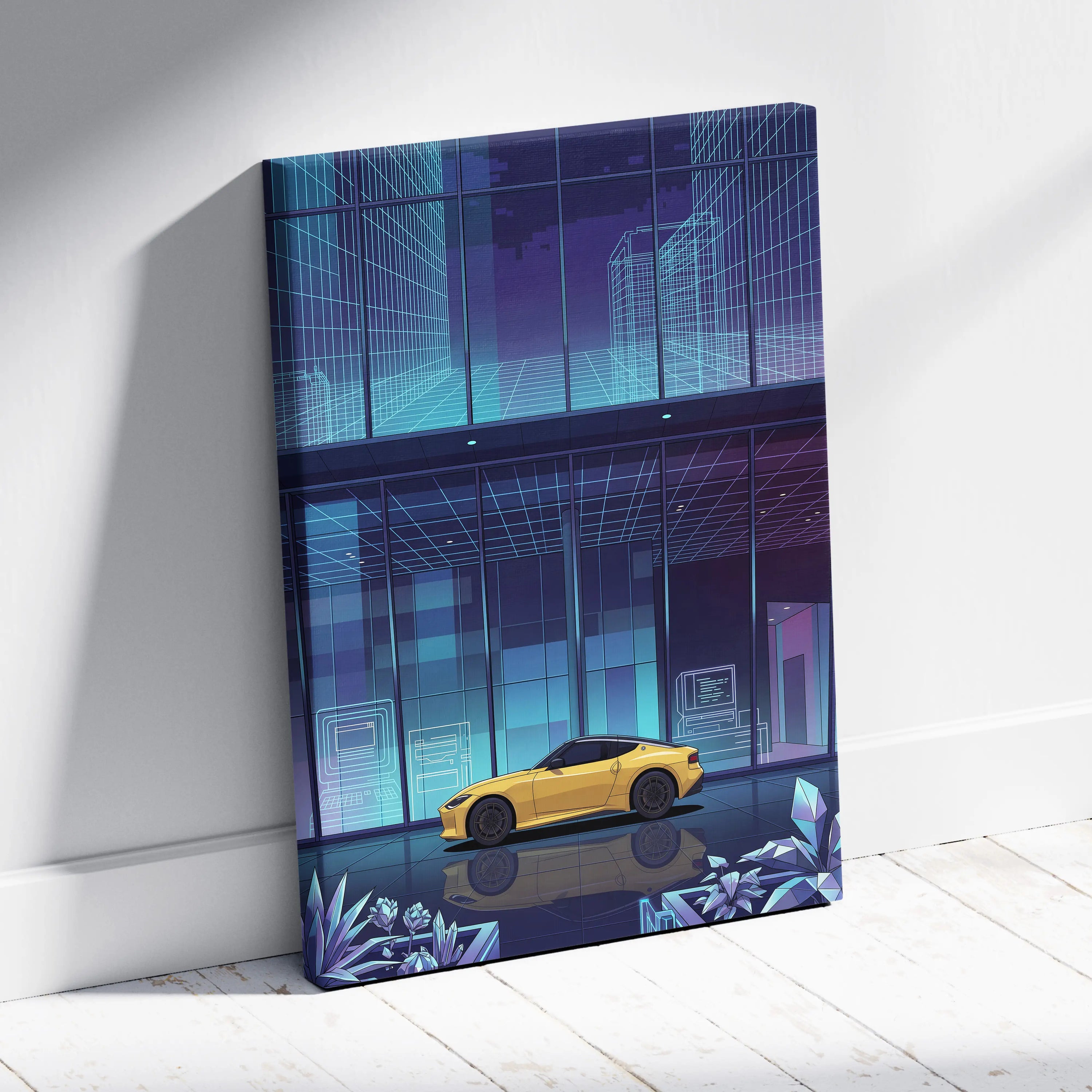Nissan Z Inspired Yellow Blue Canvas Wall Art Vaporwave Sports Car Artwork Neon Cyberpunk Garage Decor Futuristic City JDM Print