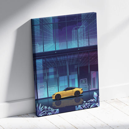 Nissan Z Inspired Yellow Blue Canvas Wall Art Vaporwave Sports Car Artwork Neon Cyberpunk Garage Decor Futuristic City JDM Print