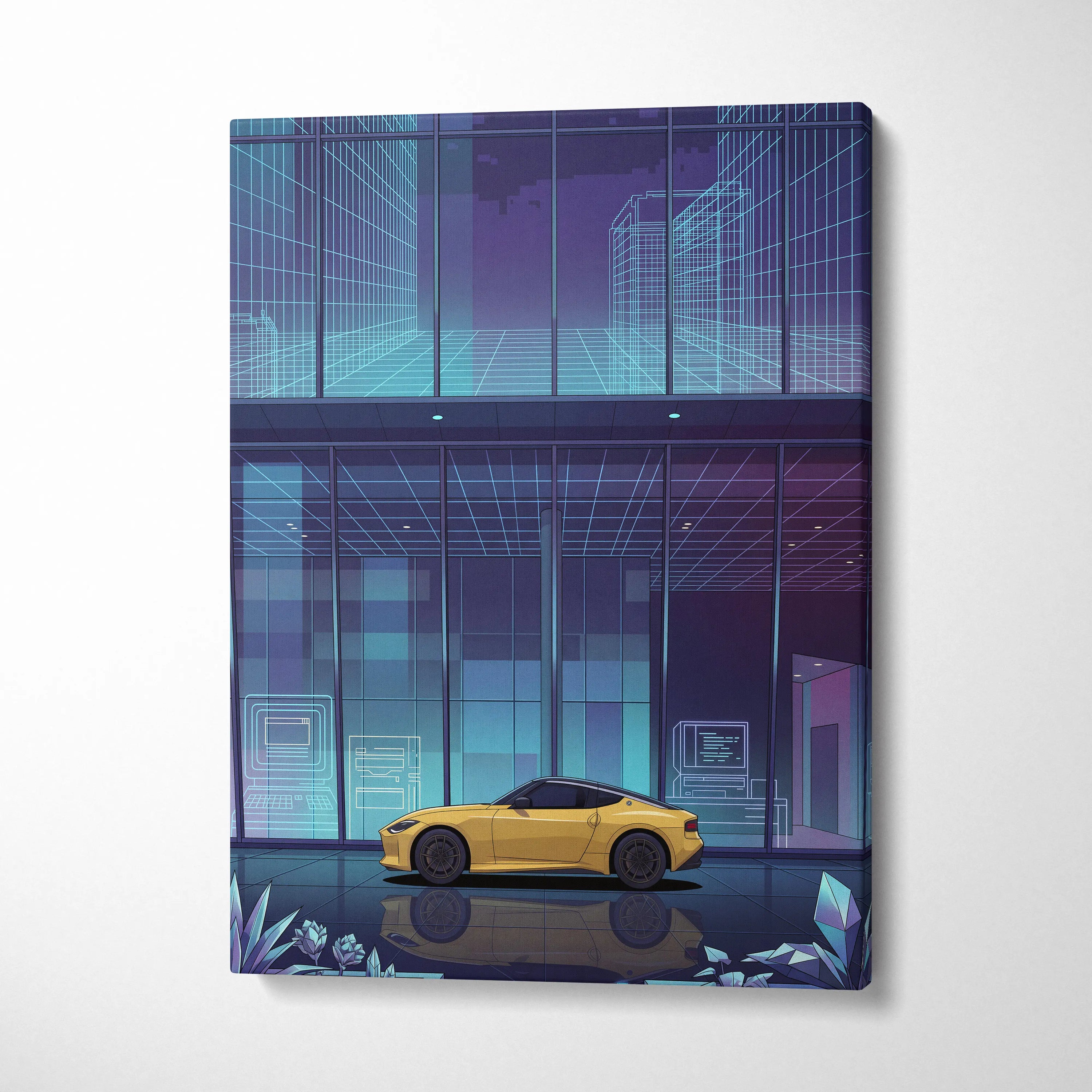 Nissan Z Inspired Yellow Blue Canvas Wall Art Vaporwave Sports Car Artwork Neon Cyberpunk Garage Decor Futuristic City JDM Print