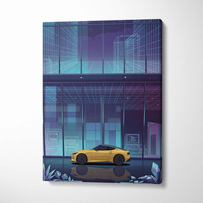 Nissan Z Inspired Yellow Blue Canvas Wall Art Vaporwave Sports Car Artwork Neon Cyberpunk Garage Decor Futuristic City JDM Print