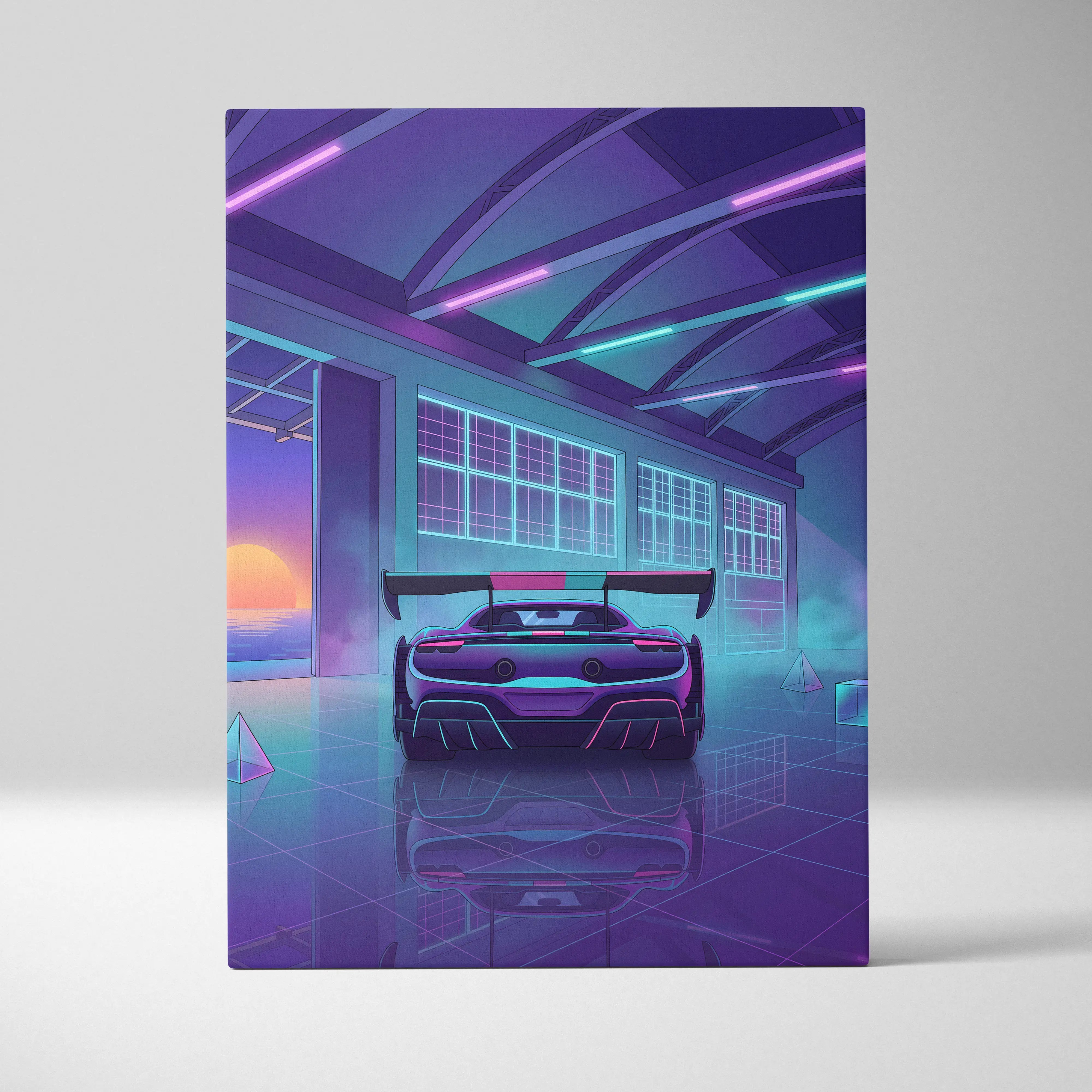 Ferrari 296 Challenge Inspired Teal Purple Canvas Wall Art Vaporwave Supercar Artwork Neon Garage Decor Retro Futuristic Luxury Car Print