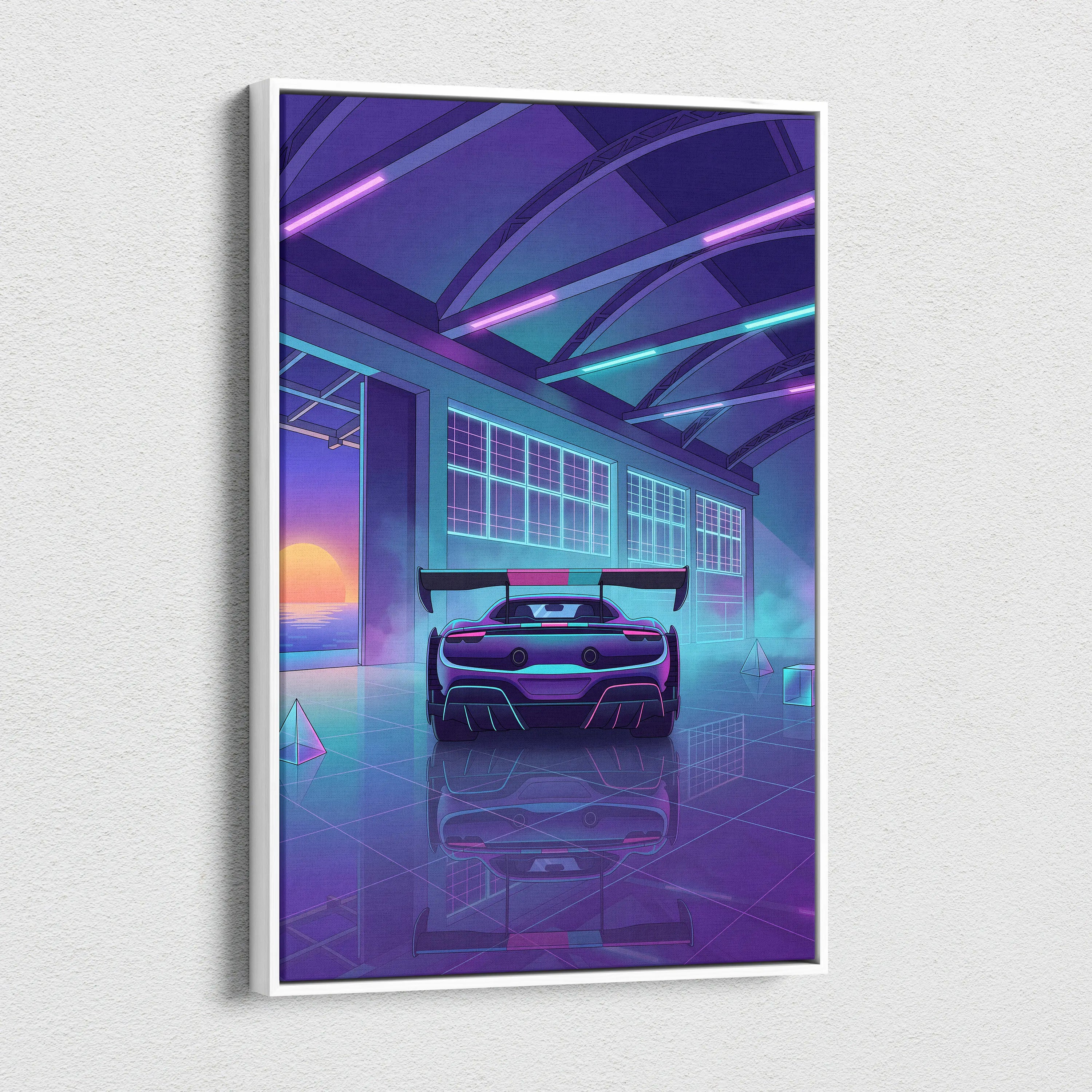 Ferrari 296 Challenge Inspired Teal Purple Canvas Wall Art Vaporwave Supercar Artwork Neon Garage Decor Retro Futuristic Luxury Car Print