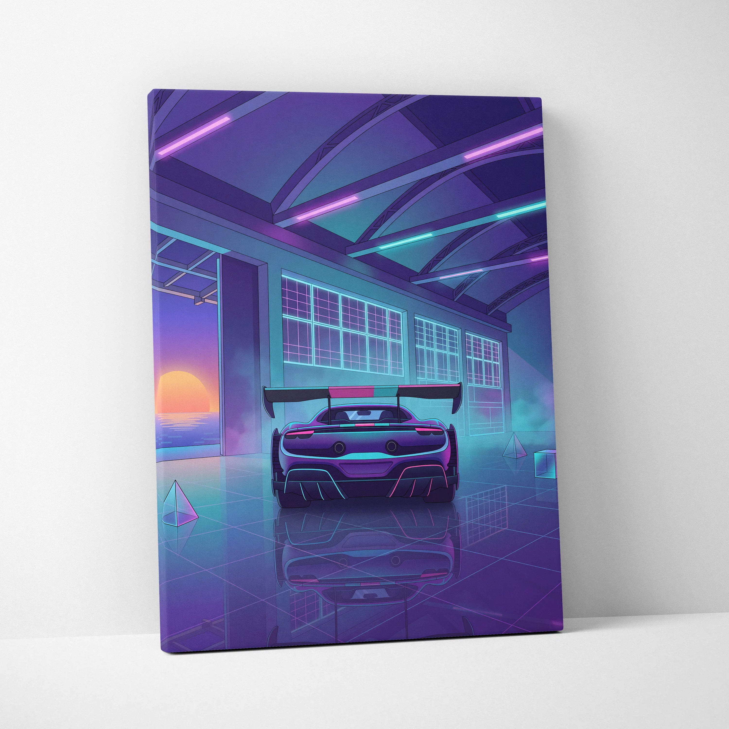 Ferrari 296 Challenge Inspired Teal Purple Canvas Wall Art Vaporwave Supercar Artwork Neon Garage Decor Retro Futuristic Luxury Car Print
