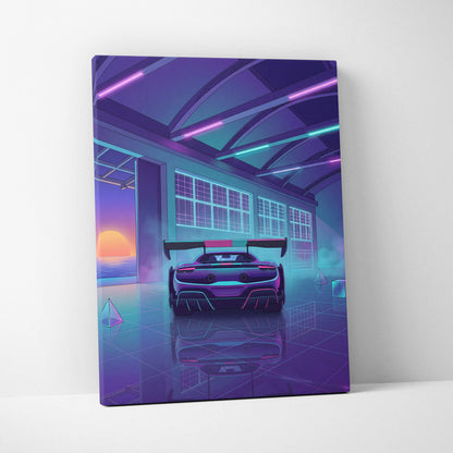 Ferrari 296 Challenge Inspired Teal Purple Canvas Wall Art Vaporwave Supercar Artwork Neon Garage Decor Retro Futuristic Luxury Car Print
