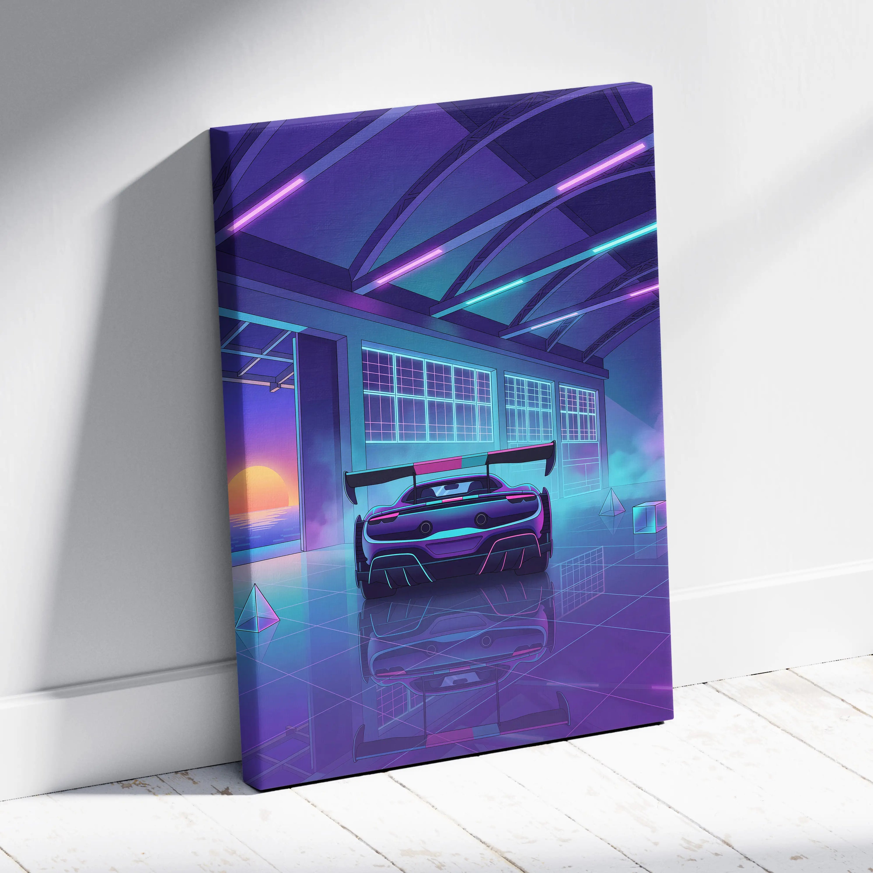 Ferrari 296 Challenge Inspired Teal Purple Canvas Wall Art Vaporwave Supercar Artwork Neon Garage Decor Retro Futuristic Luxury Car Print