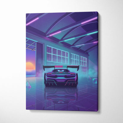 Ferrari 296 Challenge Inspired Teal Purple Canvas Wall Art Vaporwave Supercar Artwork Neon Garage Decor Retro Futuristic Luxury Car Print