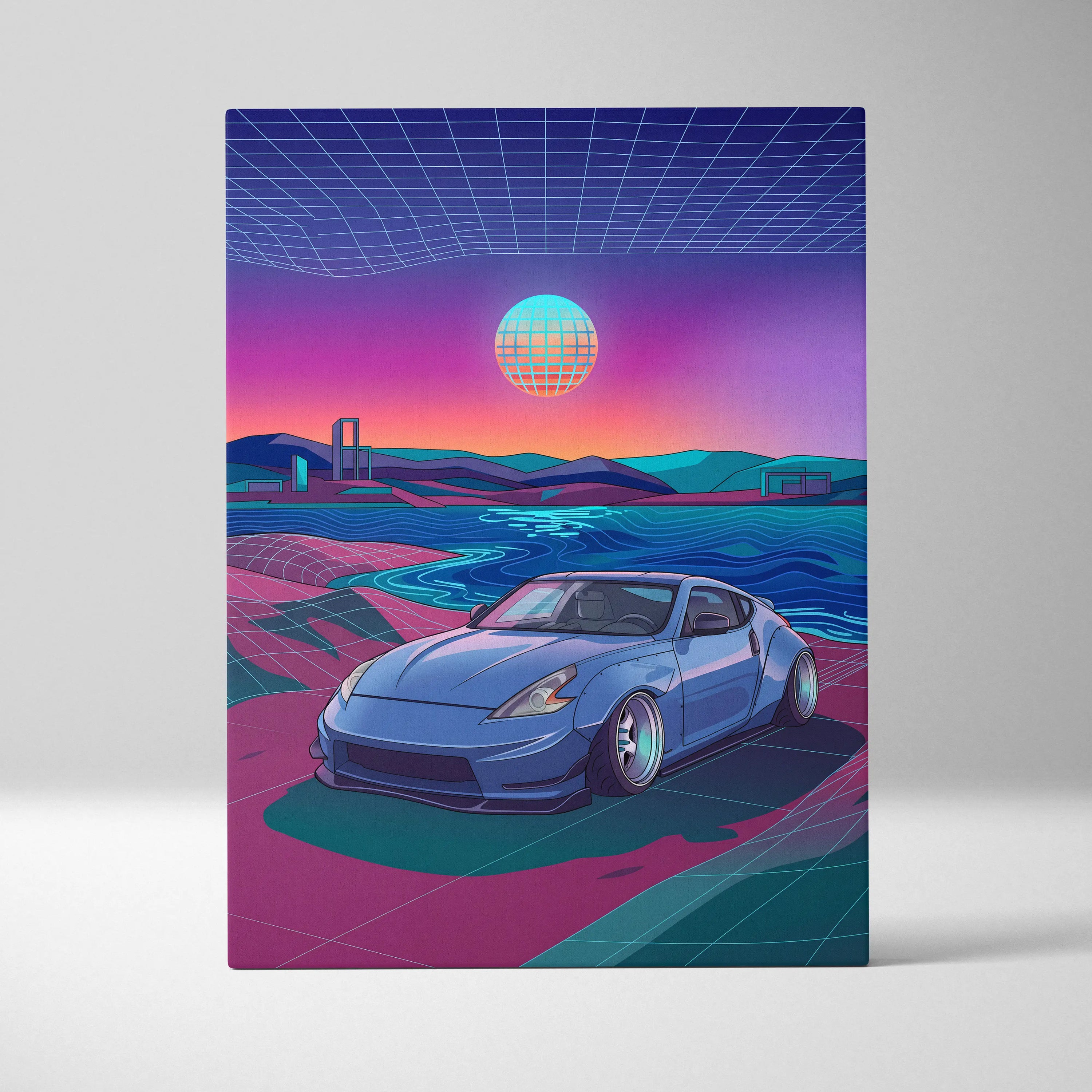 Nissan 370Z Inspired Blue Pink Canvas Wall Art Vaporwave JDM Sports Car Artwork Neon Coastal Garage Decor Retro Futuristic Tuner Print