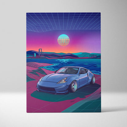 Nissan 370Z Inspired Blue Pink Canvas Wall Art Vaporwave JDM Sports Car Artwork Neon Coastal Garage Decor Retro Futuristic Tuner Print