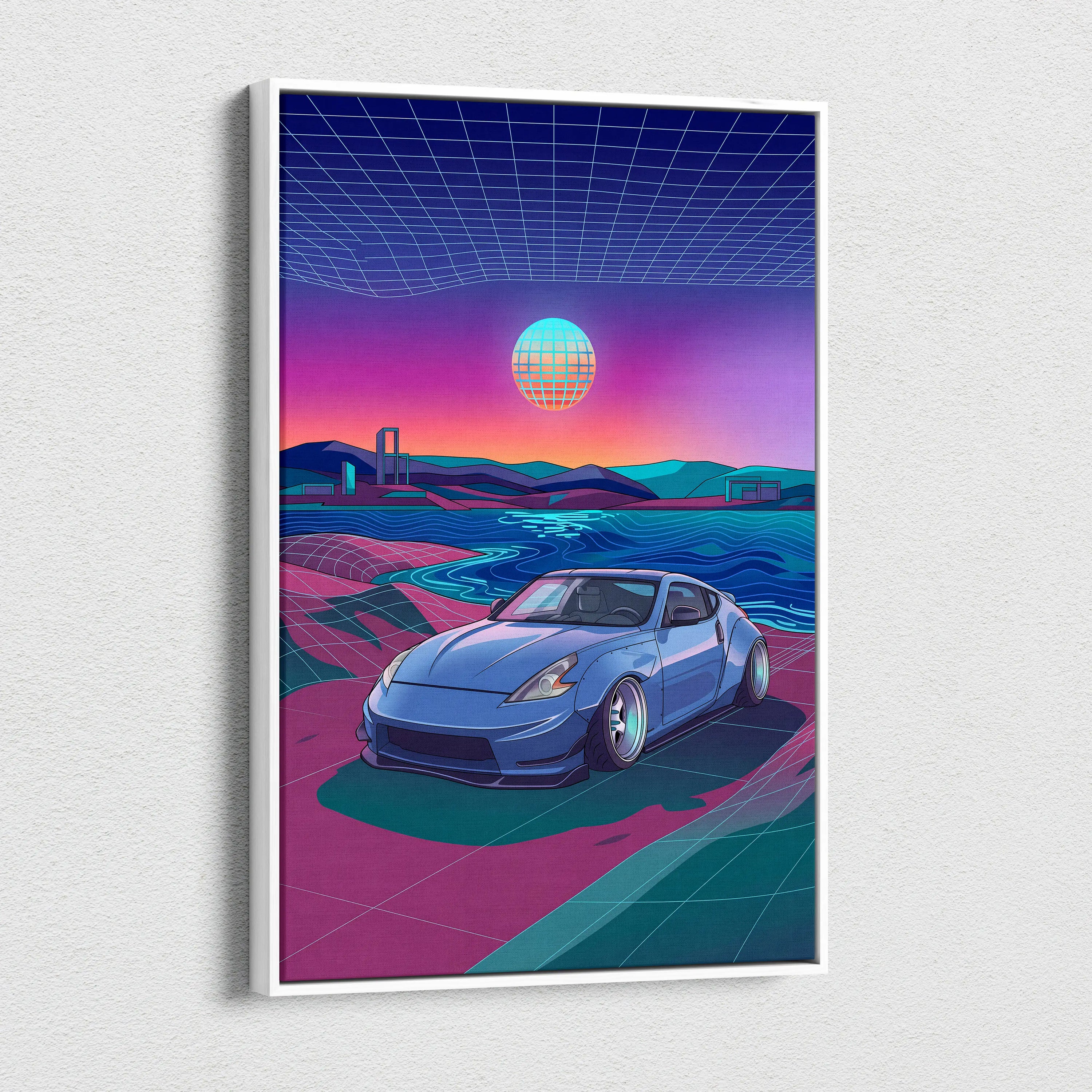 Nissan 370Z Inspired Blue Pink Canvas Wall Art Vaporwave JDM Sports Car Artwork Neon Coastal Garage Decor Retro Futuristic Tuner Print