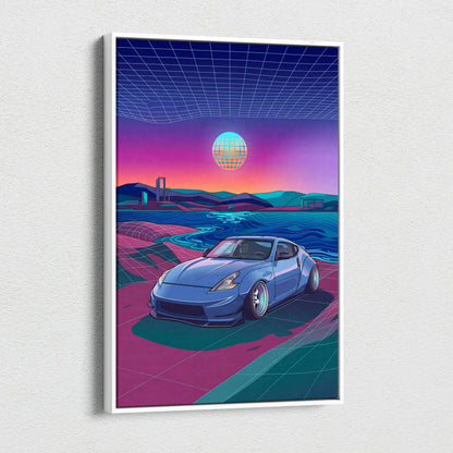 Nissan 370Z Inspired Blue Pink Canvas Wall Art Vaporwave JDM Sports Car Artwork Neon Coastal Garage Decor Retro Futuristic Tuner Print