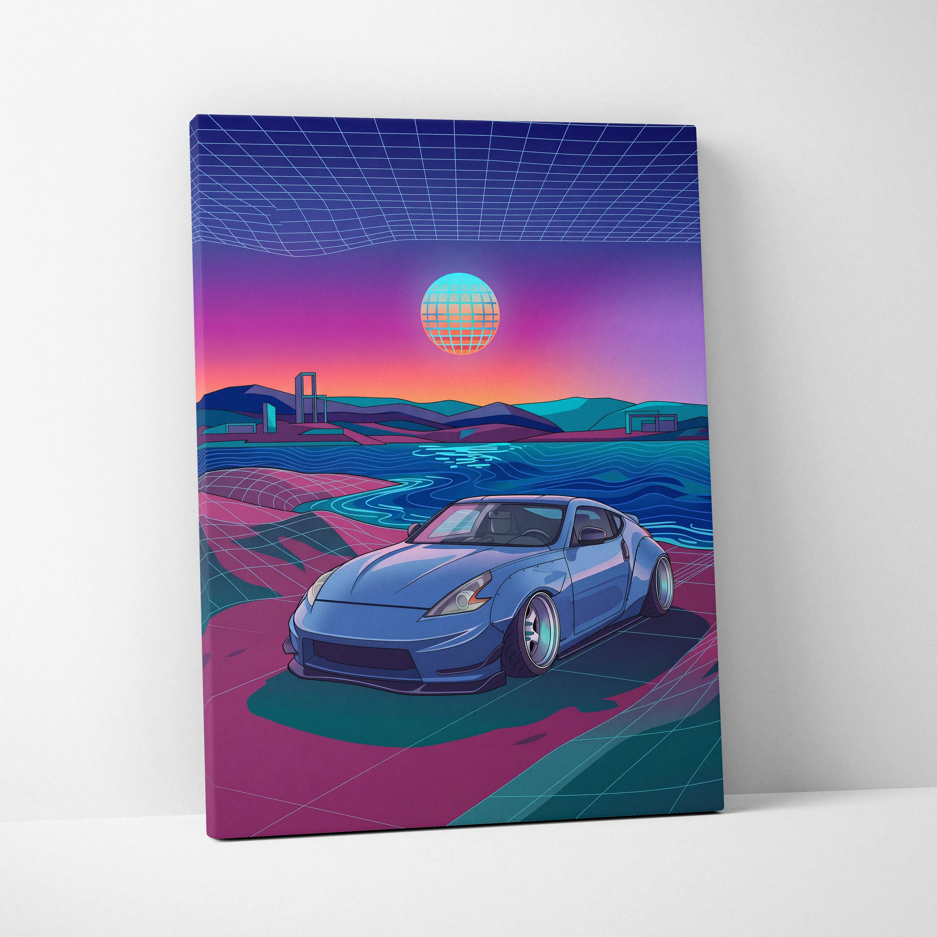 Nissan 370Z Inspired Blue Pink Canvas Wall Art Vaporwave JDM Sports Car Artwork Neon Coastal Garage Decor Retro Futuristic Tuner Print