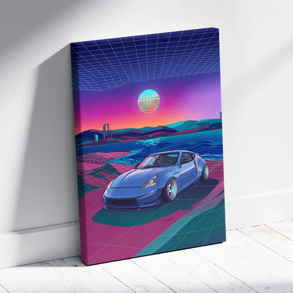 Nissan 370Z Inspired Blue Pink Canvas Wall Art Vaporwave JDM Sports Car Artwork Neon Coastal Garage Decor Retro Futuristic Tuner Print