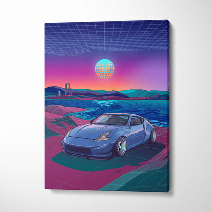 Nissan 370Z Inspired Blue Pink Canvas Wall Art Vaporwave JDM Sports Car Artwork Neon Coastal Garage Decor Retro Futuristic Tuner Print