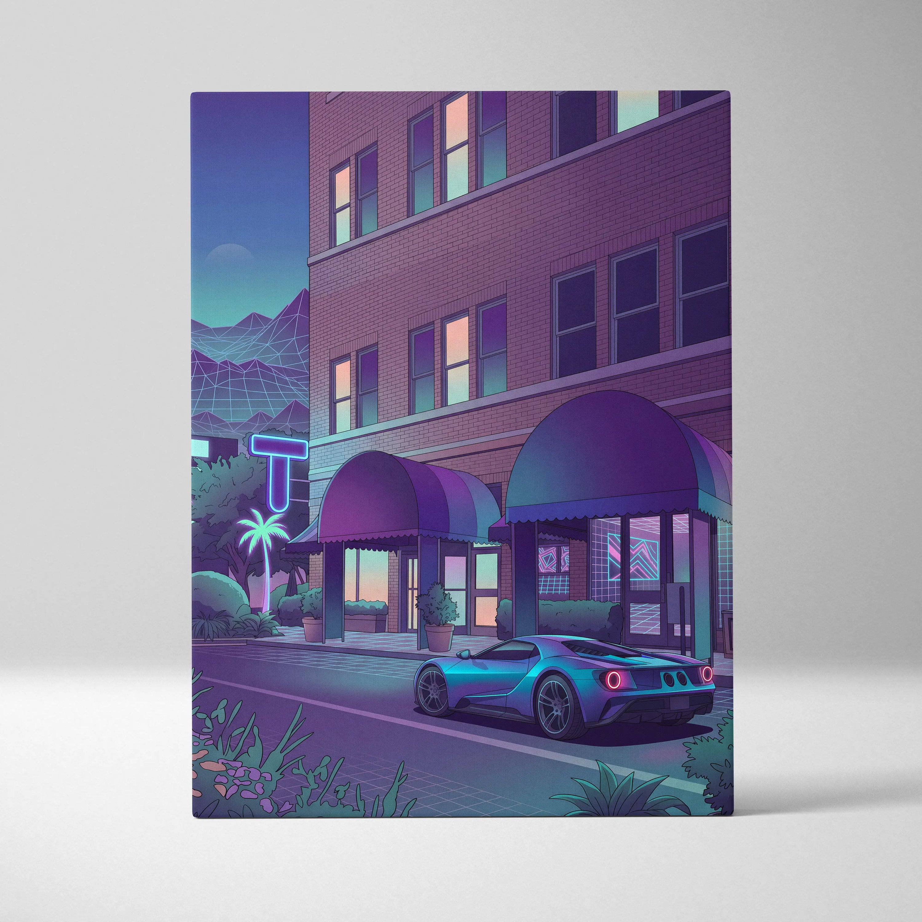 Ford GT Inspired Blue Purple Canvas Wall Art Vaporwave Supercar Artwork Neon Hotel Street Garage Decor Retro Futuristic City Print