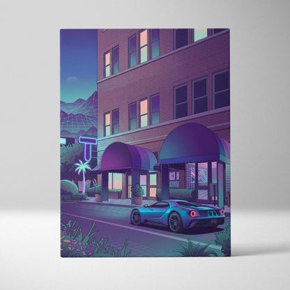 Ford GT Inspired Blue Purple Canvas Wall Art Vaporwave Supercar Artwork Neon Hotel Street Garage Decor Retro Futuristic City Print