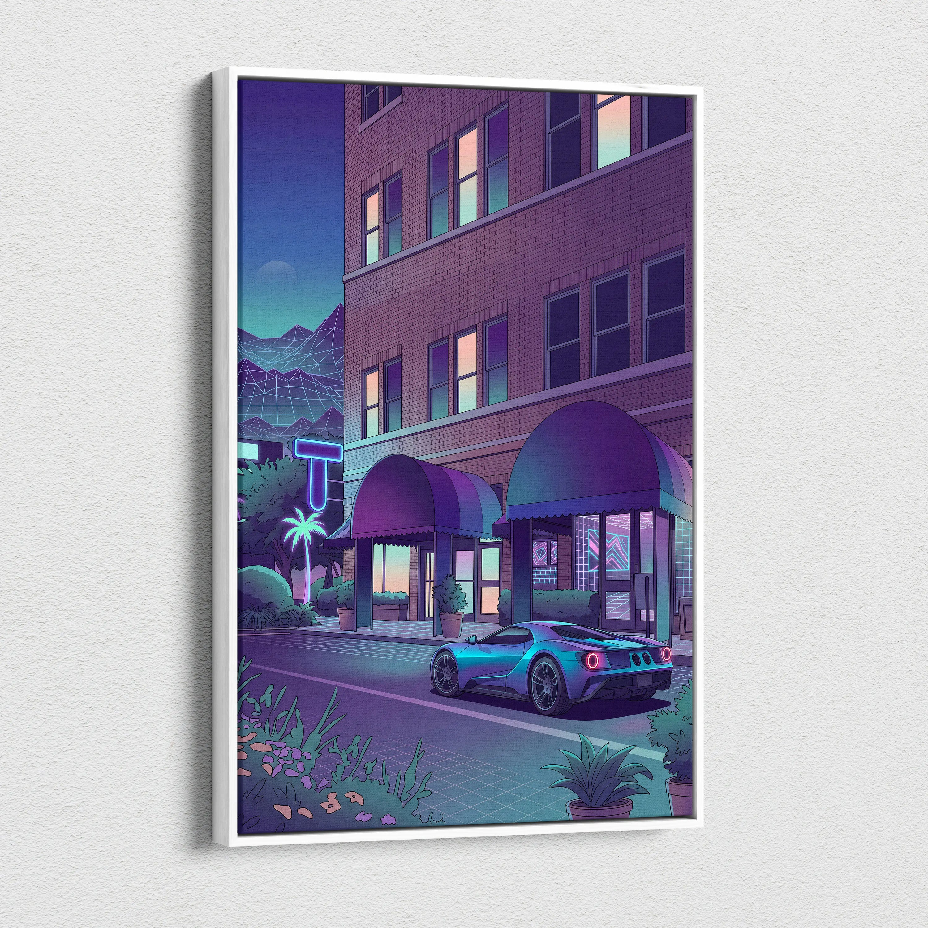 Ford GT Inspired Blue Purple Canvas Wall Art Vaporwave Supercar Artwork Neon Hotel Street Garage Decor Retro Futuristic City Print