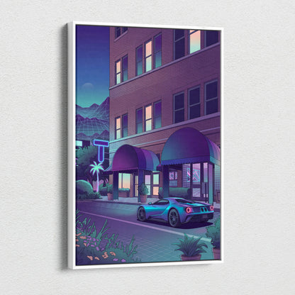 Ford GT Inspired Blue Purple Canvas Wall Art Vaporwave Supercar Artwork Neon Hotel Street Garage Decor Retro Futuristic City Print