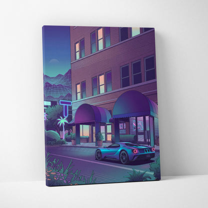 Ford GT Inspired Blue Purple Canvas Wall Art Vaporwave Supercar Artwork Neon Hotel Street Garage Decor Retro Futuristic City Print